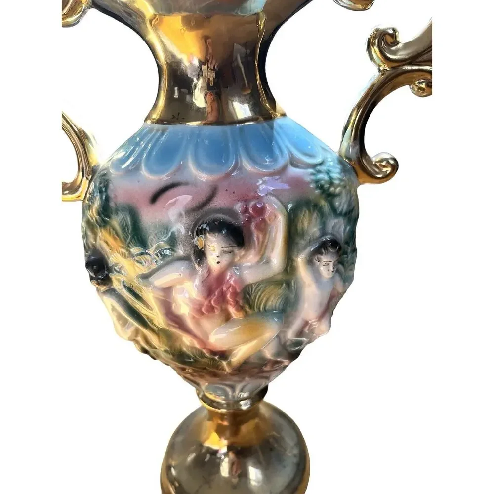 Vintage Vase Made in Italy Cherub 3d Gold Handles Hand Decorated White Elegant